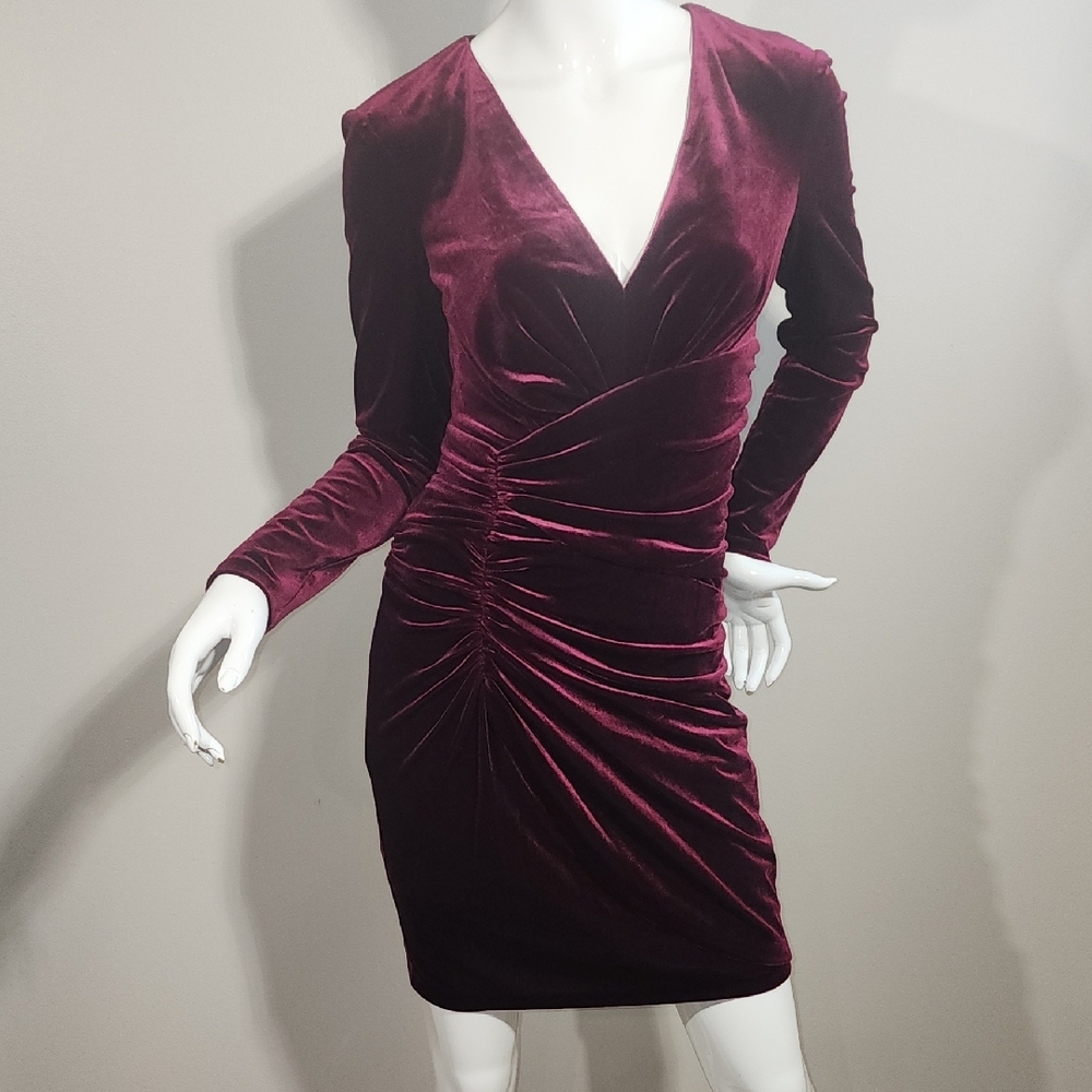 Vince Camuto Velvet Long Sleeve Ruched Dress in Deep Burgundy